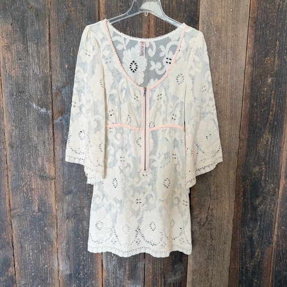 Free People Dresses & Skirts - Free People lace cover up with pink trim and bell sleeves